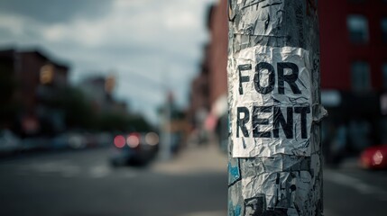 Notice of rent increase concept. For rent sign on a weathered pole in an urban setting with blurred city background.