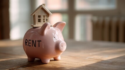 Notice of rent increase concept. Piggy bank with a house symbolizes saving for rent or housing expenses.