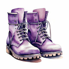Illustration of a Purple Pair of Lace-up Boots in Watercolor Style, for Autumn, Harvest, Hiking and Modern Designs