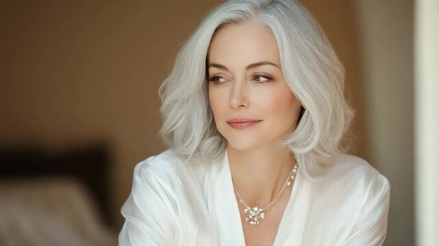 Attractive mature woman with elegant gray hair smiling portrait looking at camera