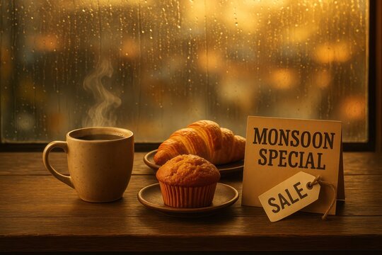 Monsoon Special Coffee and Bakery Sale by Rainy Café Window. Generative AI.