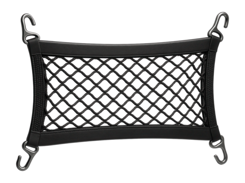 Flexible net compartment for an executive sedan, used for securing briefcases and paperwork during commutes.