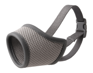 A soft fabric muzzle for a small dog, perfect for use in an apartment to prevent barking when guests arrive.