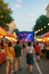 Obraz premium Blurry Festival Street Scene with People and Market Stalls at Sunset Vibrant Colors in Summertime Evening Celebratory Atmosphere Ideal for Event Promotion Music Festival