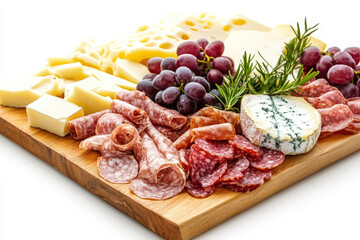 Charcuterie board with assorted cheese meat and grapes isolated on white or white background