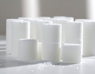 Close-up of white square sugar cubes as background.
