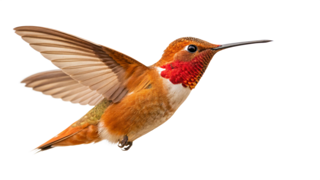 Rufous hummingbird flying close up isolated on black background for bird watching and nature enthusiasts