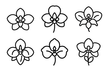 Bundle of Orchid Flower Icons in Silhouette Style on White Background &ndash; Elegant Botanical Vector Set for Stickers, Crafts, Logos, Tattoos, and Digital Design Projects