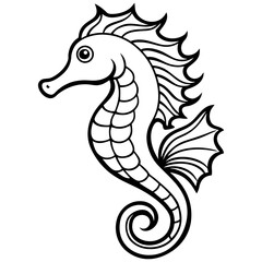 Stylized black and white seahorse silhouette with detailed fins and tail
