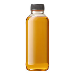 Clear glass bottle of amber liquid with black cap showcasing natural herbal infusion or oil for health and wellness Transparent background or png