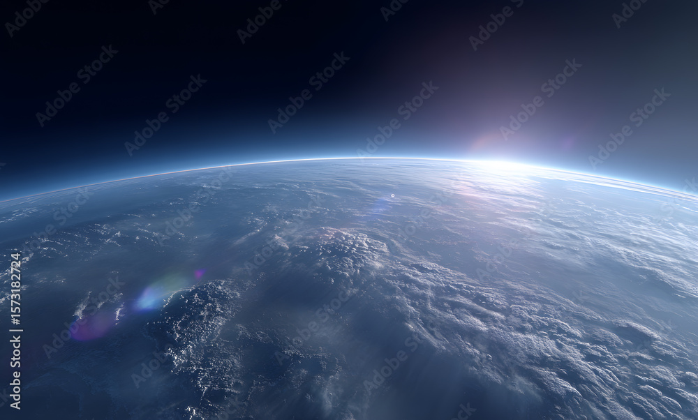 Wall mural a panoramic view of earth from space with the sun rising on one side and a planet in the blue and ha