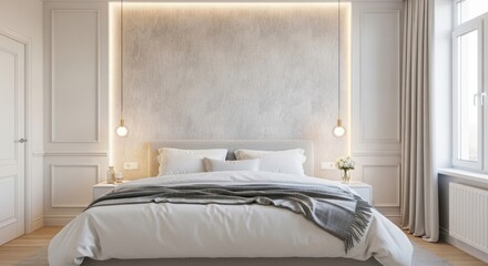 Elegant modern bedroom with cozy bed linens soft lighting and minimalist decor