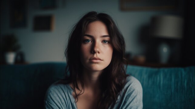 Une femme seule d&eacute;pressive sur son canap&eacute;, elle a le regard vide et triste