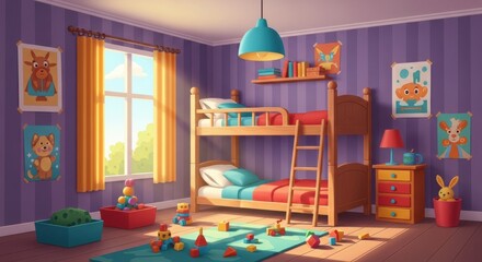 Bright and cheerful children's bedroom with wooden bunk beds and colorful toys scattered on the