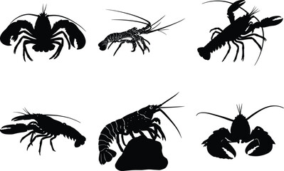 Lobster Silhouette Bundle, Seafood Lobster Vector Art isolated on White Background.  Crustacean Striking Lobster SVG graphic illustration.