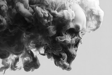 Monochromatic Skull Emerging from Ethereal Smoke Cloud on Light Gray Background