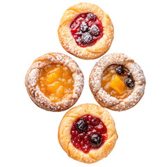 Danish pastries with fruit filling top view, isolated PNG transparent background