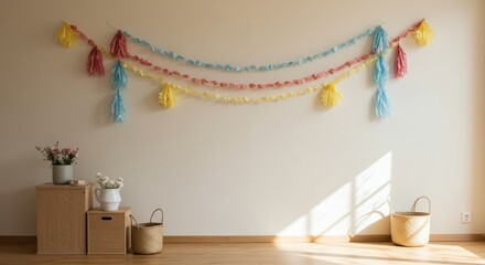Colorful tissue paper tassel garland hanging decoratively against a plain wall, with sunlight casting shadows in a bright room, creating a cheerful and festive atmosphere
