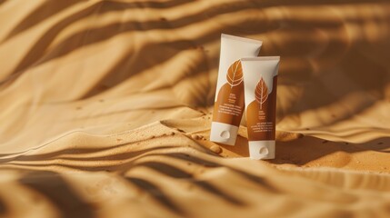 Colorful sunscreen tubes displayed on a sandy beach with vibrant colors and summer vibes perfect for vacation and outdoor activities