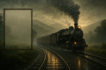 Steam Train on Rainy Railway Track in Foggy Mountain Landscape. Generative AI.