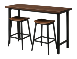 A high-end composite wood bar table and stool set, perfect for a rooftop terrace of a luxury penthouse.
