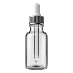 Fototapeta premium Transparent glass dropper bottle with white pipette cap on a clean background for cosmetic and essential oils applications Transparent background or png