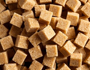 Close-up of unraffinade brown raw organic square sugar cubes as background.