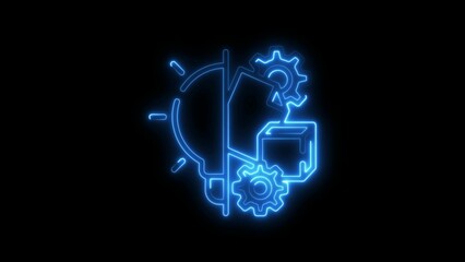 Glowing neon illustration of ideas process with gears and a box on a black background