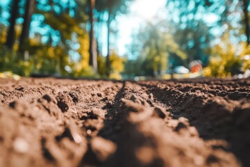 Close-up of tilled brown earth, blurred background of trees and vegetation