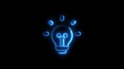 Glowing blue neon lightbulb symbolizing ideas, creativity, and innovation against a black background