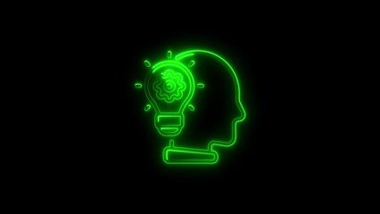 Green neon outline of a brain head and a lightbulb with gear inside illustrating idea