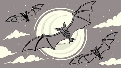 Three bats flying in front of a full moon with clouds and stars in a grayscale cartoon style image