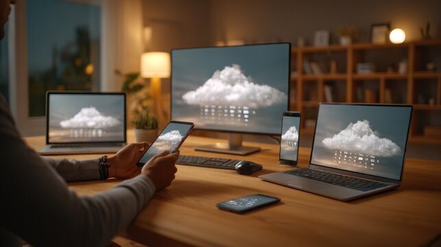 Person working at a desk with multiple devices displaying cloud icons