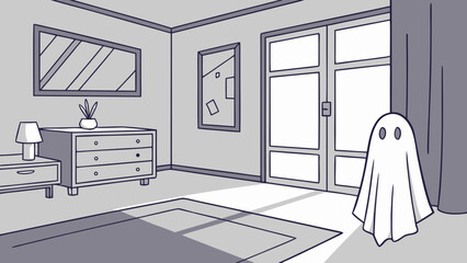 Cartoon drawing of a ghost standing in a room with a dresser mirror and a door with curtains near by