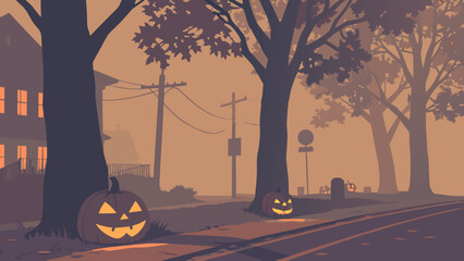 Illustration of halloween night scene with pumpkins trees and a house in the background on a foggy evening
