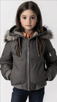 Girl's puffy parka with hood, pockets, and fur trim.