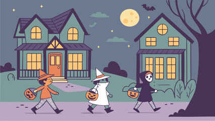 Illustration of children trick or treating in costumes with houses and a full moon in the background night scene