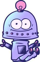 happy carton robot with light bulb in bright neon color