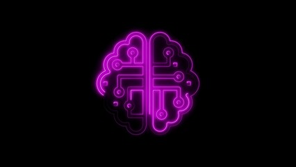 Neon pink brain illuminated with circuitry on a black background symbolizing artificial intelligence