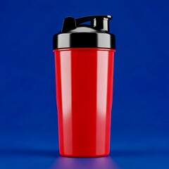 Red Protein Shaker on Blue Background

