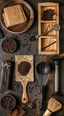 Dark Brown Soil Flatlay Featuring Gardening Tools and Seeds Ready for Planting in a Beautiful Garden Setup