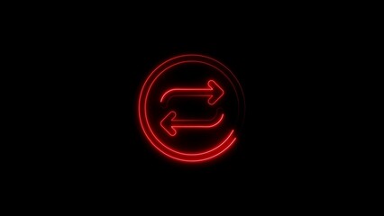 Neon red arrows rotating icon sign circular symbol against black background design