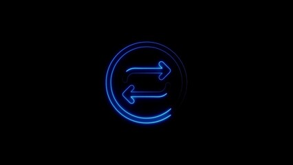 Glowing blue neon transfer symbol within a circle on a black background