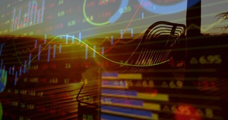 Sun descending starting market data animating candlestick bars drawing trend line sliding pie chart - Powered by Adobe