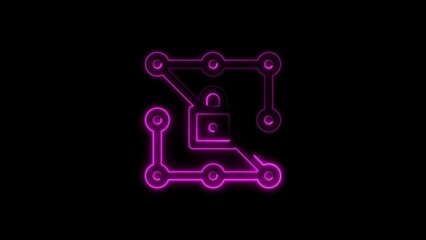 Glowing neon circuit board symbol with a padlock representing digital security concept