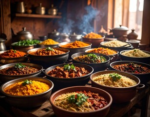 Many bowls of colorful, aromatic dishes