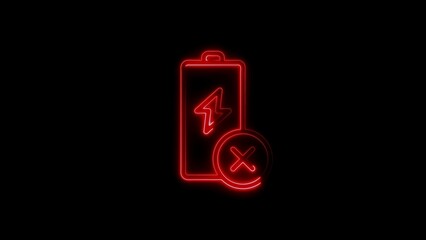 A neon red battery charging symbol with an exclamation mark icon on a black background