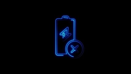 Neon style battery charge with prohibition sign showing charging problem on black background