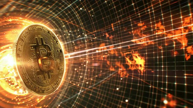 Golden bitcoin symbol in digital network space