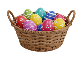 Woven easter basket filled with colorful decorated eggs isolated on transparent background